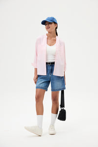 Open-Stand Collar Stripes Shirt