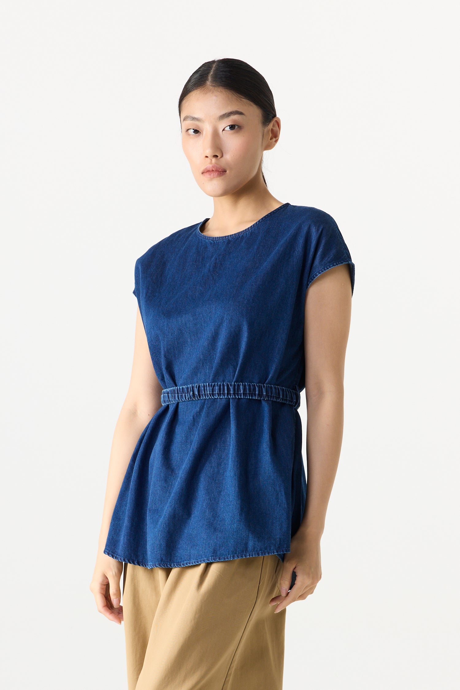 Cinched Waist Belted Denim Top