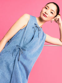 Diagonal Ribbon A-Line Denim Dress