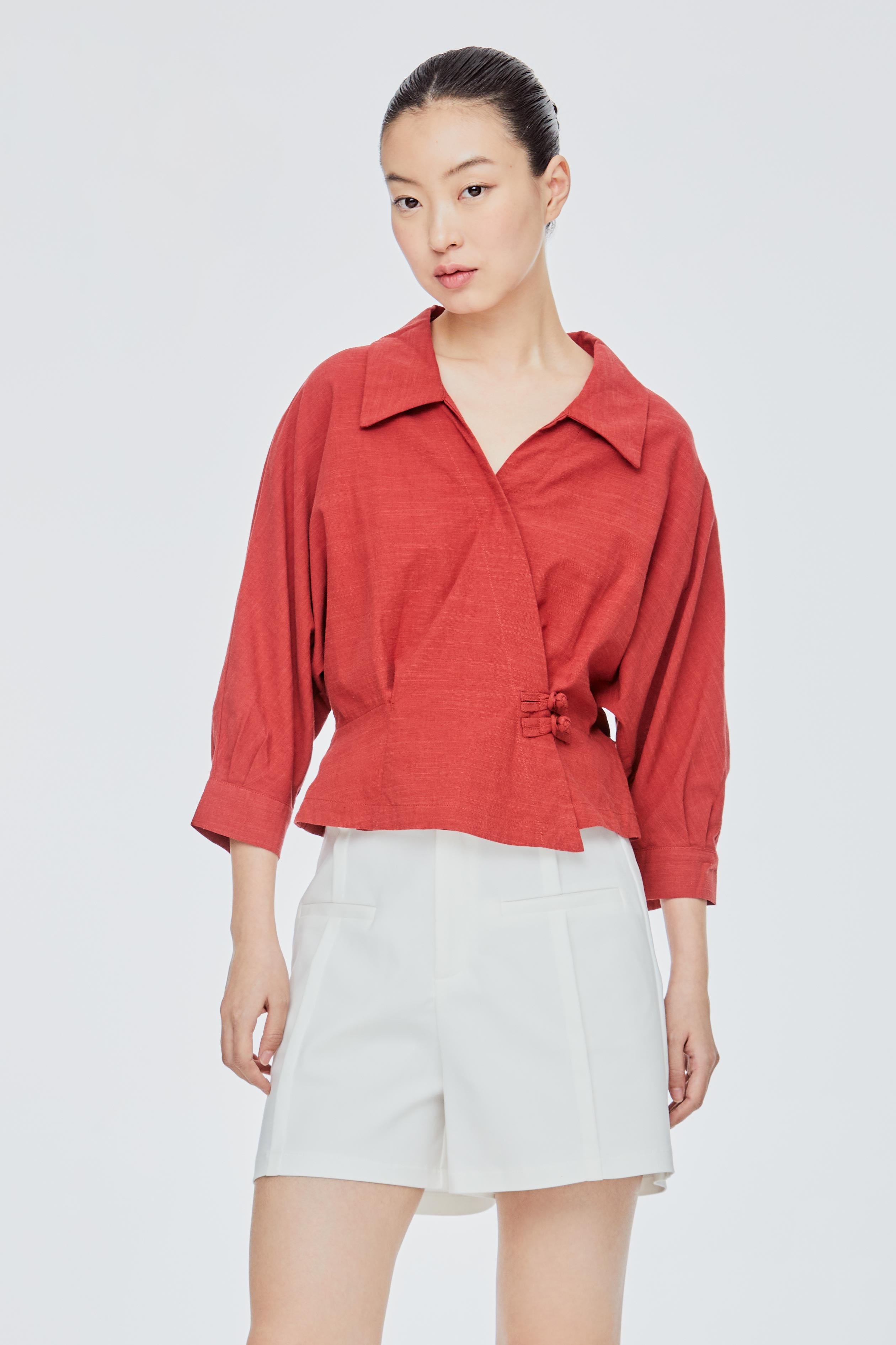 Pleated Cuff Wrap Blouse