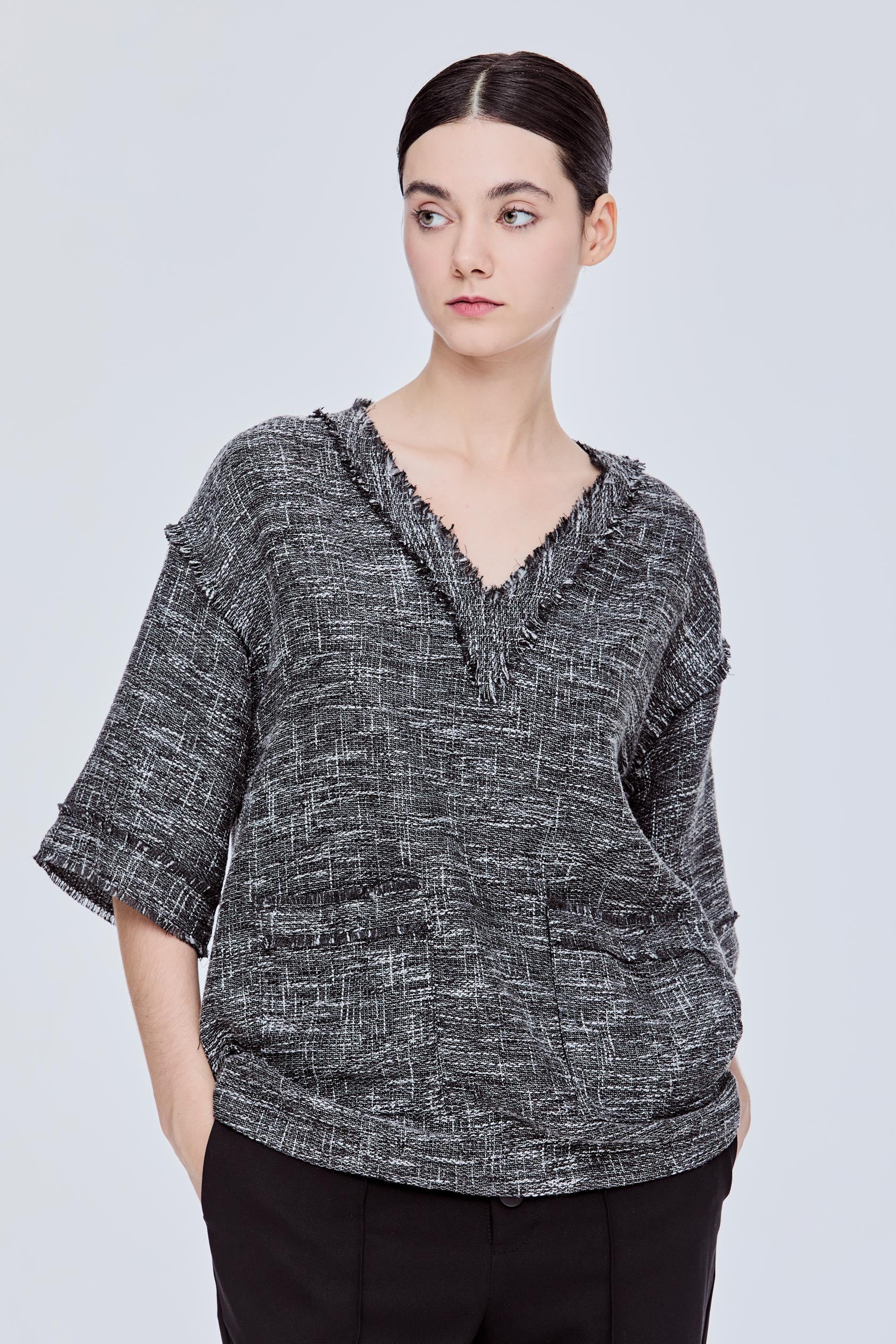 Three-Quarter Sleeve Tweed Top