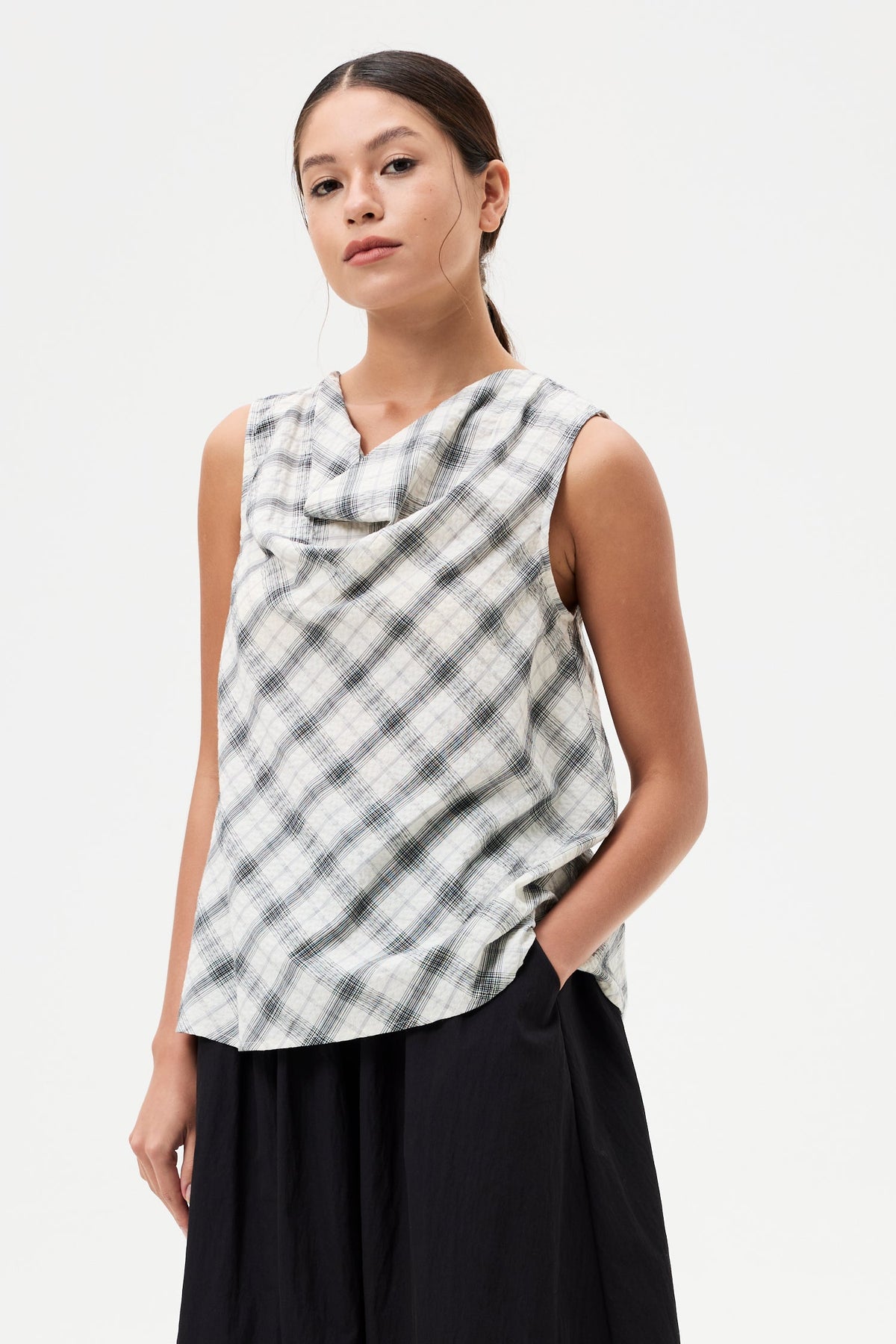 Checks Draped Cowl Sleeveless Top