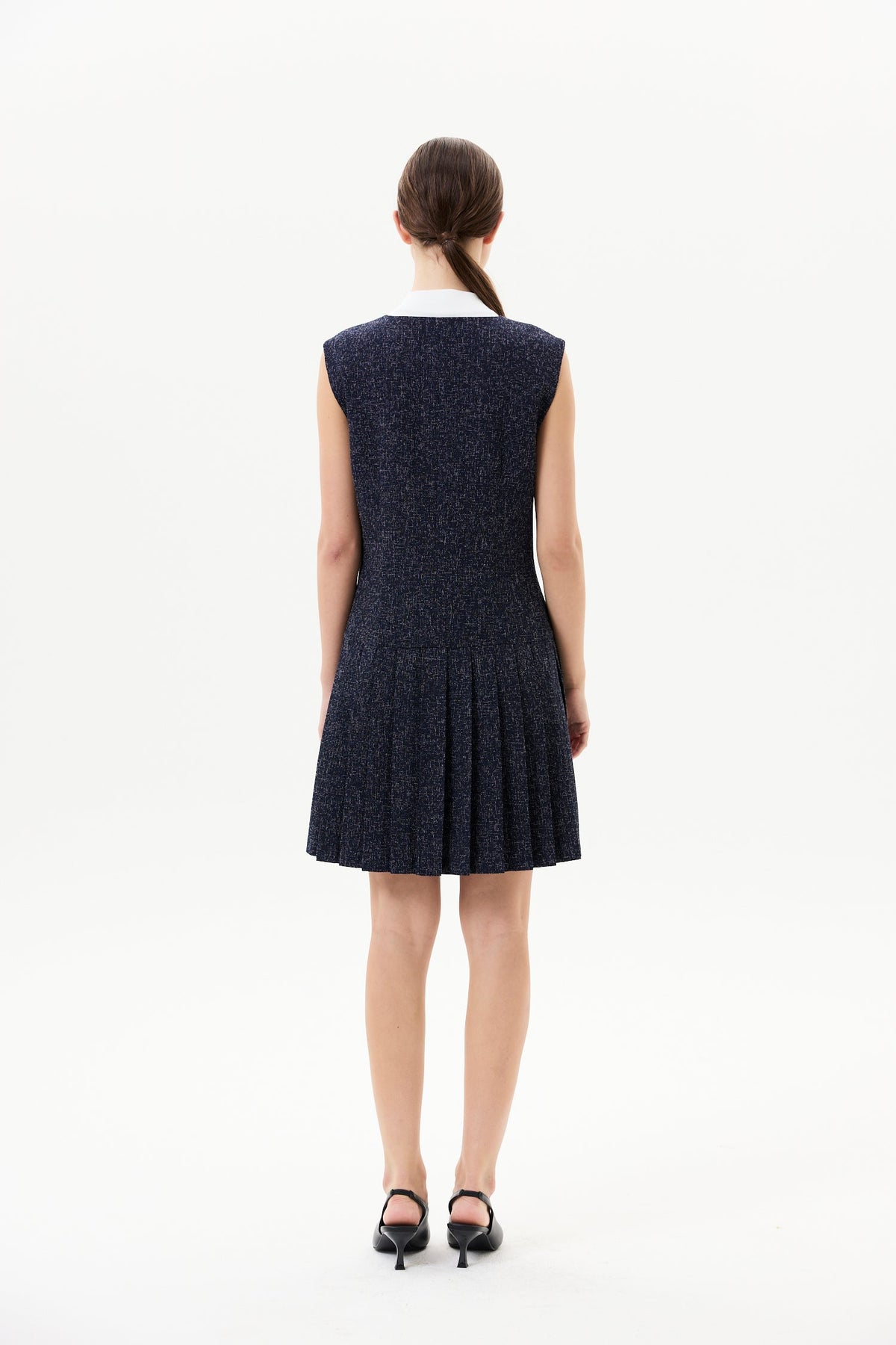V Neck Tweed Pleated Dress