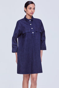 Button-Placket Knee Length Denim Dress
