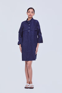 Button-Placket Knee Length Denim Dress