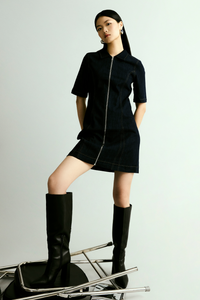 Collared Zip Up Denim Shirt Dress