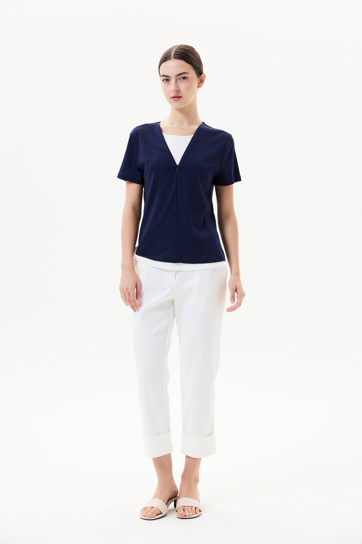 Faux Two-Piece V Neck Jersey Top