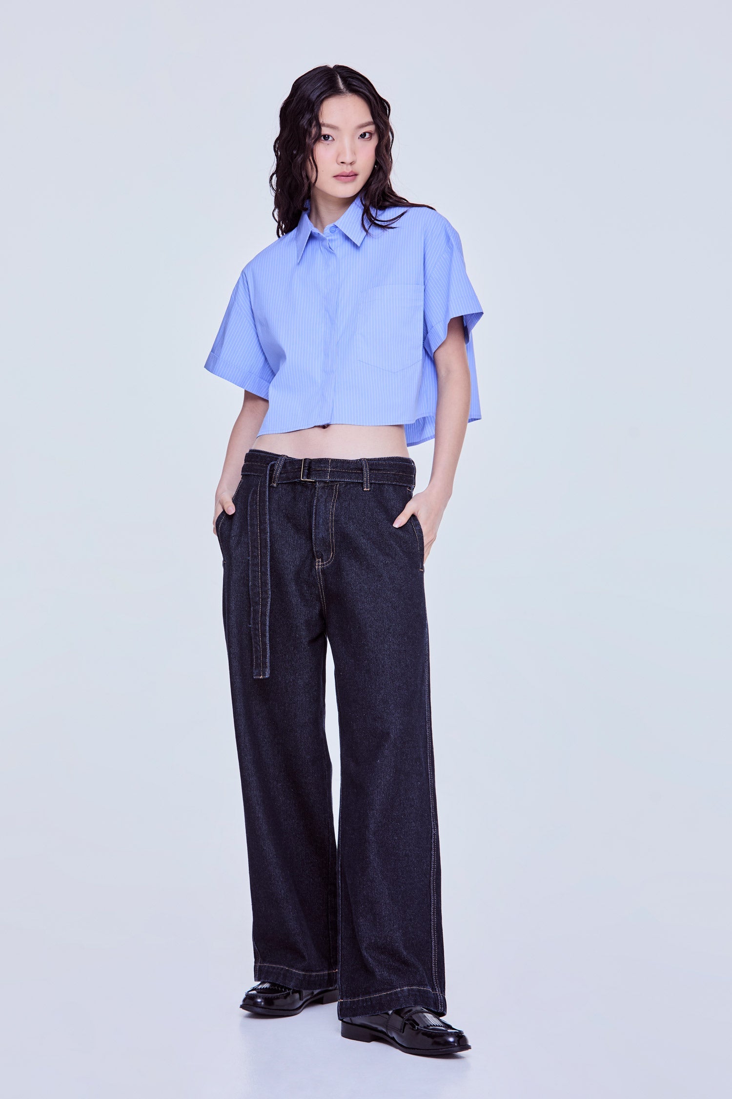 Collared Cropped Stripes Shirt