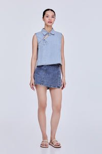 Knot Ribbon Denim Collared Top