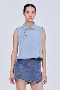 Knot Ribbon Denim Collared Top