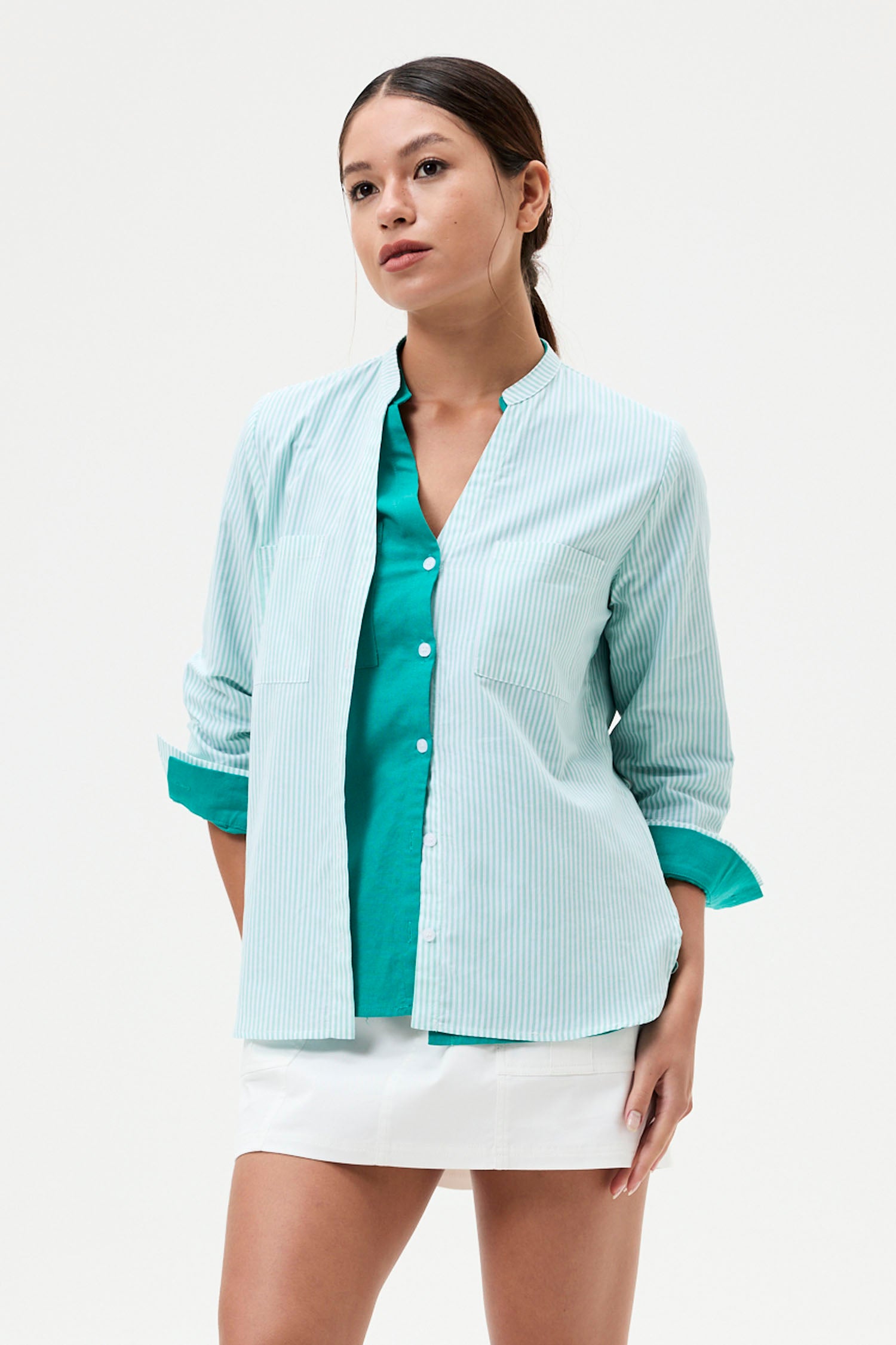 Open-Stand Collar Stripes Shirt