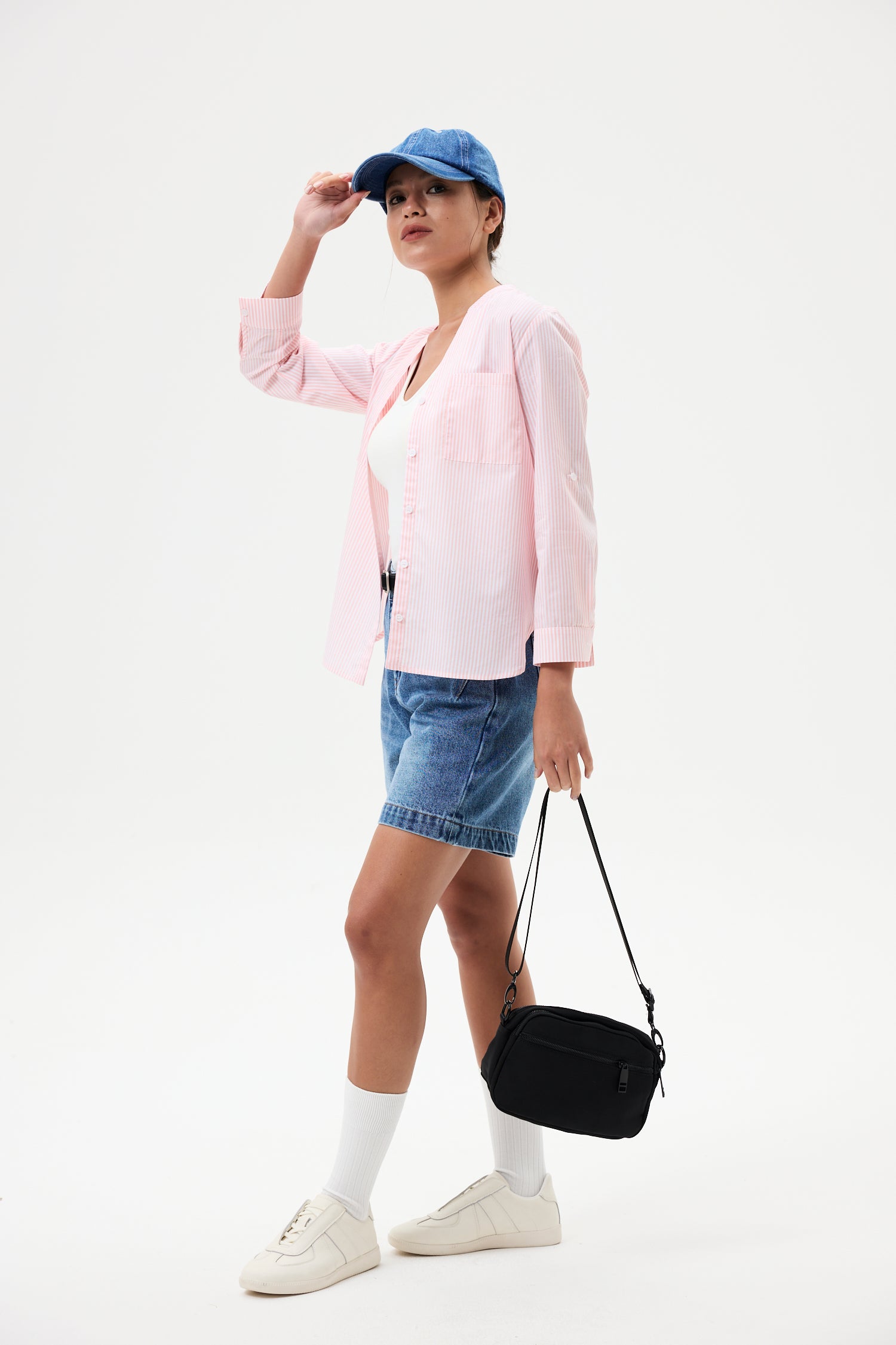 Open-Stand Collar Stripes Shirt