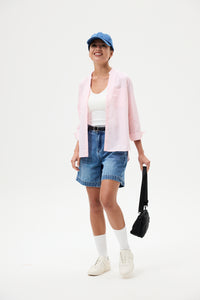 Open-Stand Collar Stripes Shirt