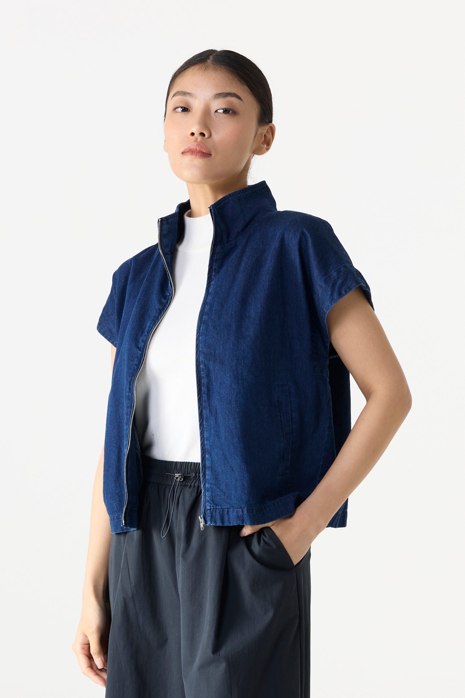 High Collar Denim Magyar Top