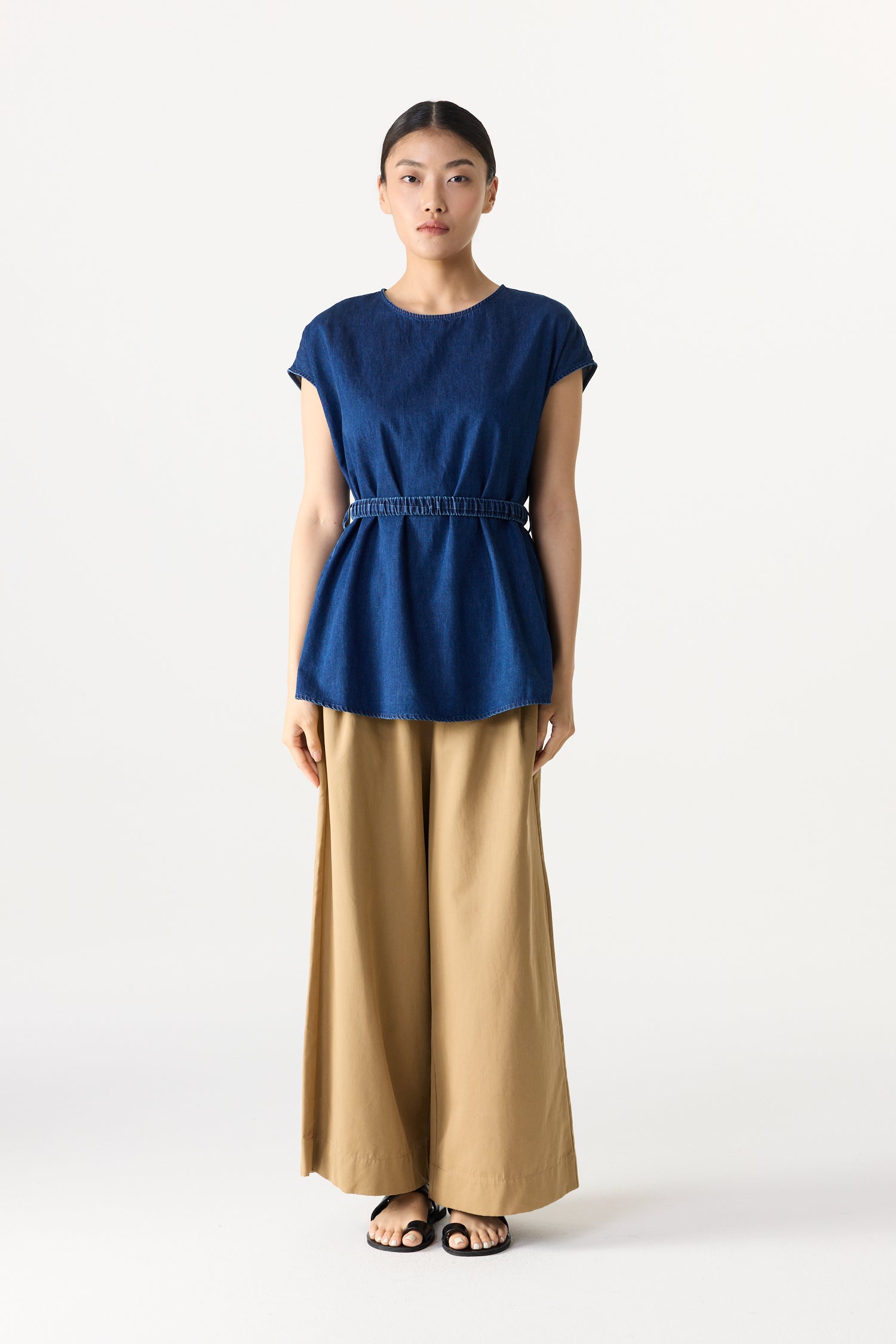 Cinched Waist Belted Denim Top