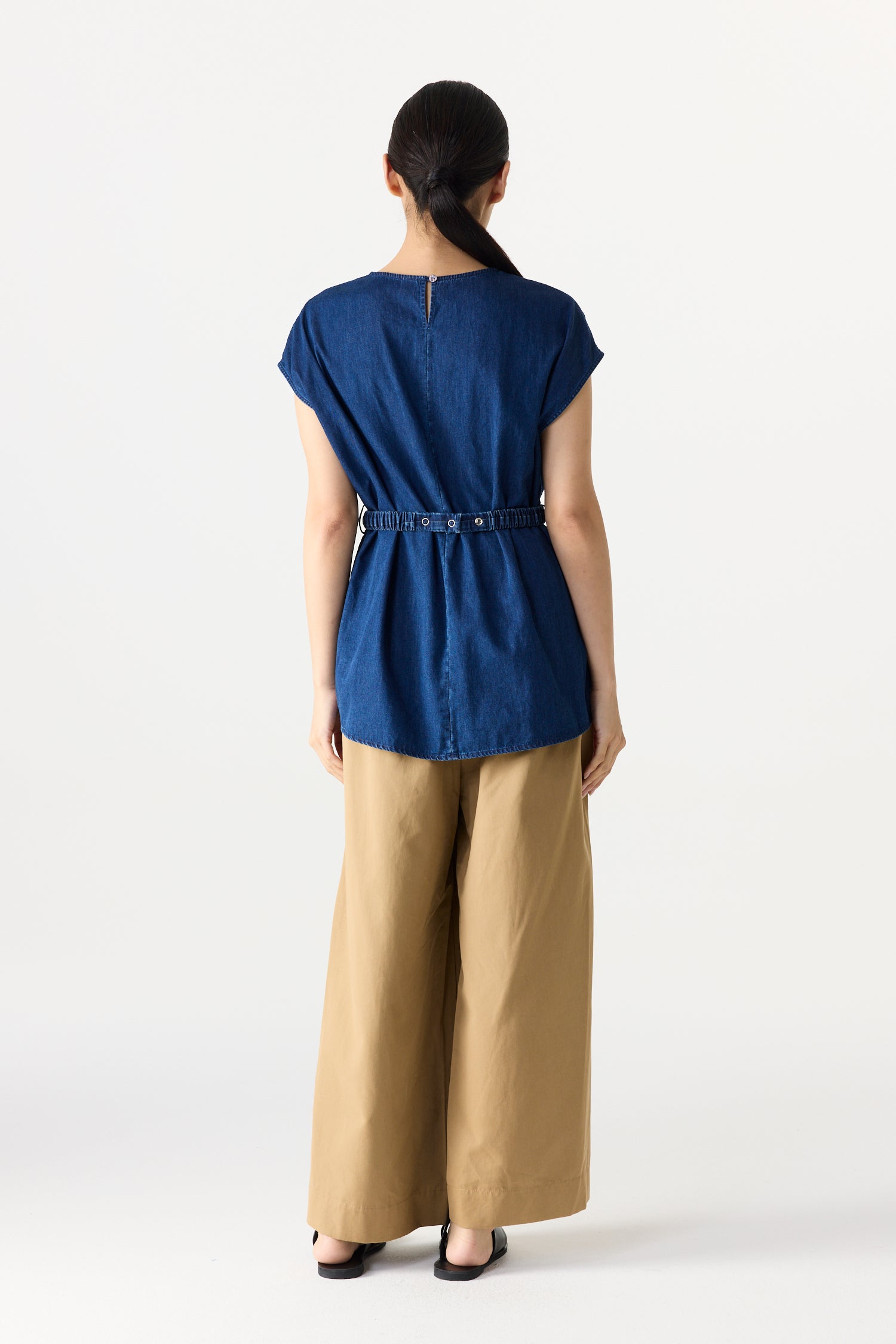 Cinched Waist Belted Denim Top