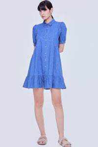 Puffy Buttondown Mini Denim Dress