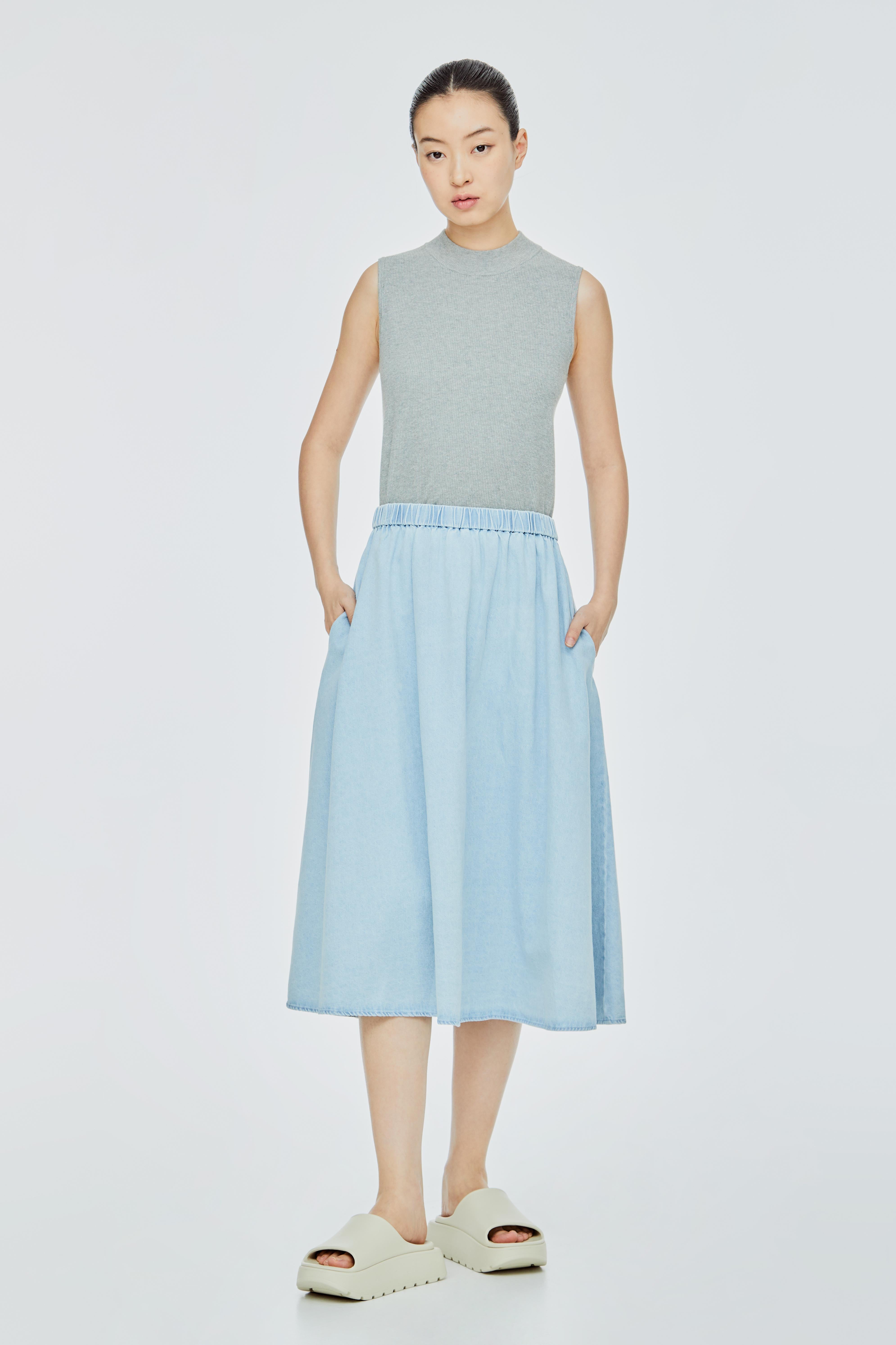 Elasticated Denim Midi Flare Skirt