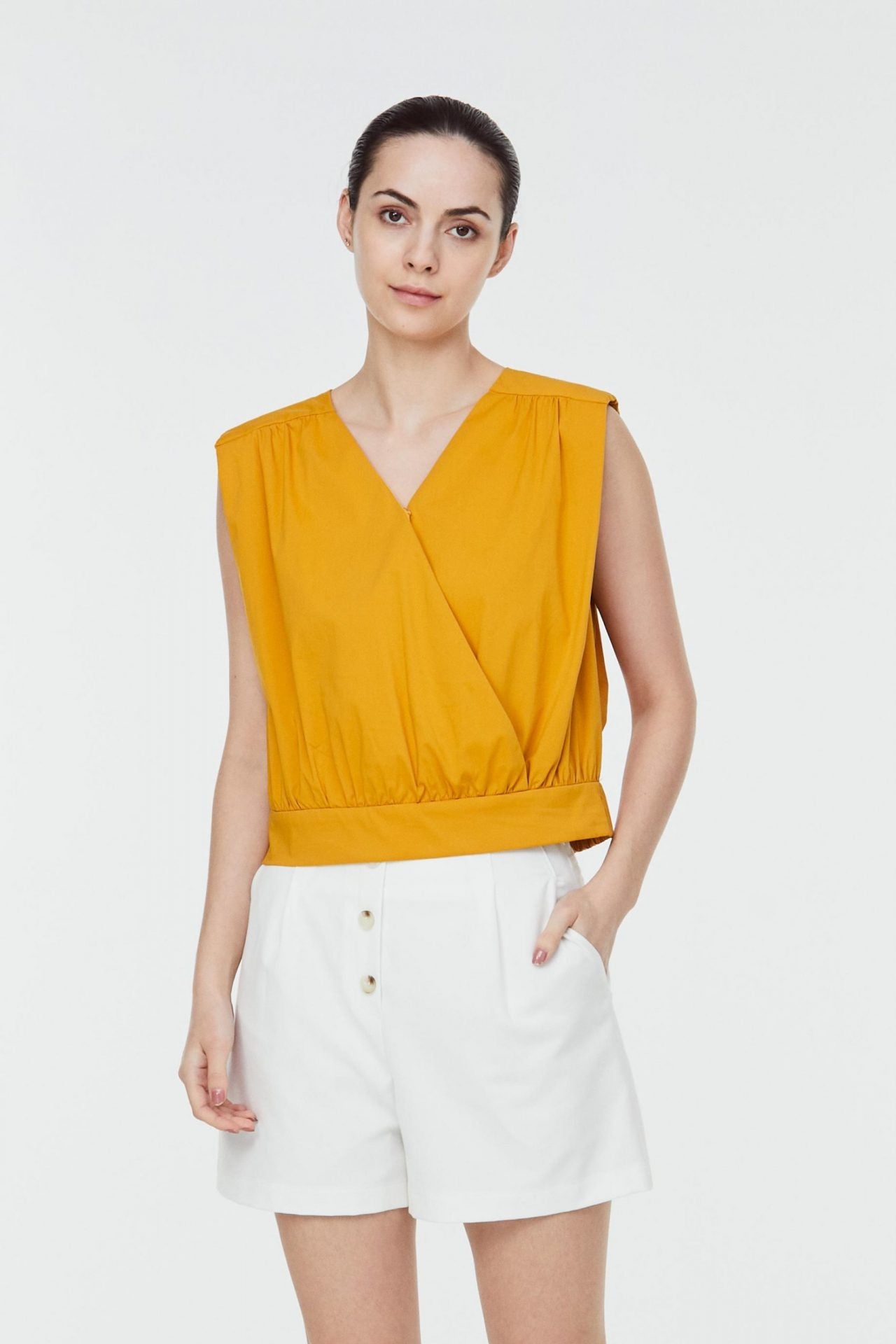 10157 FRAPED CROSS BLOUSE MARIGOLD