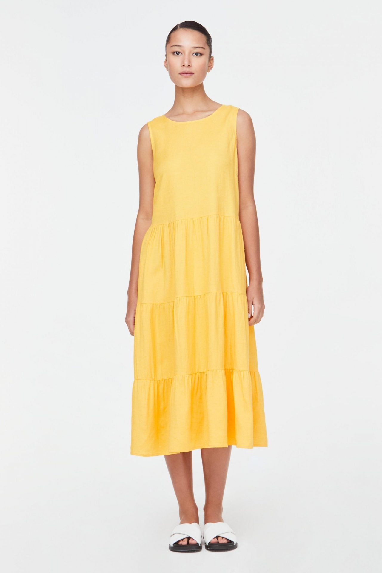 10526 Tiered A Line Sleeveless Dress Yellow