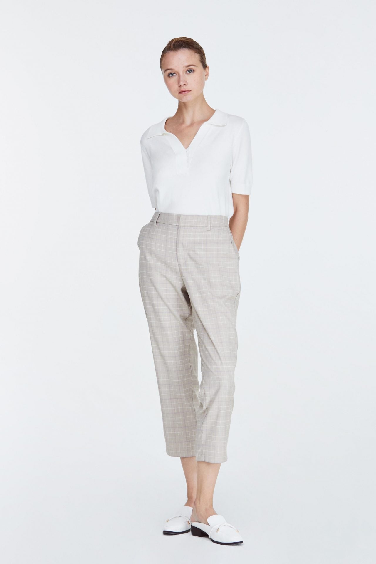 10794 BEIGE CHECKS PRINTED TAPPERED PANTS