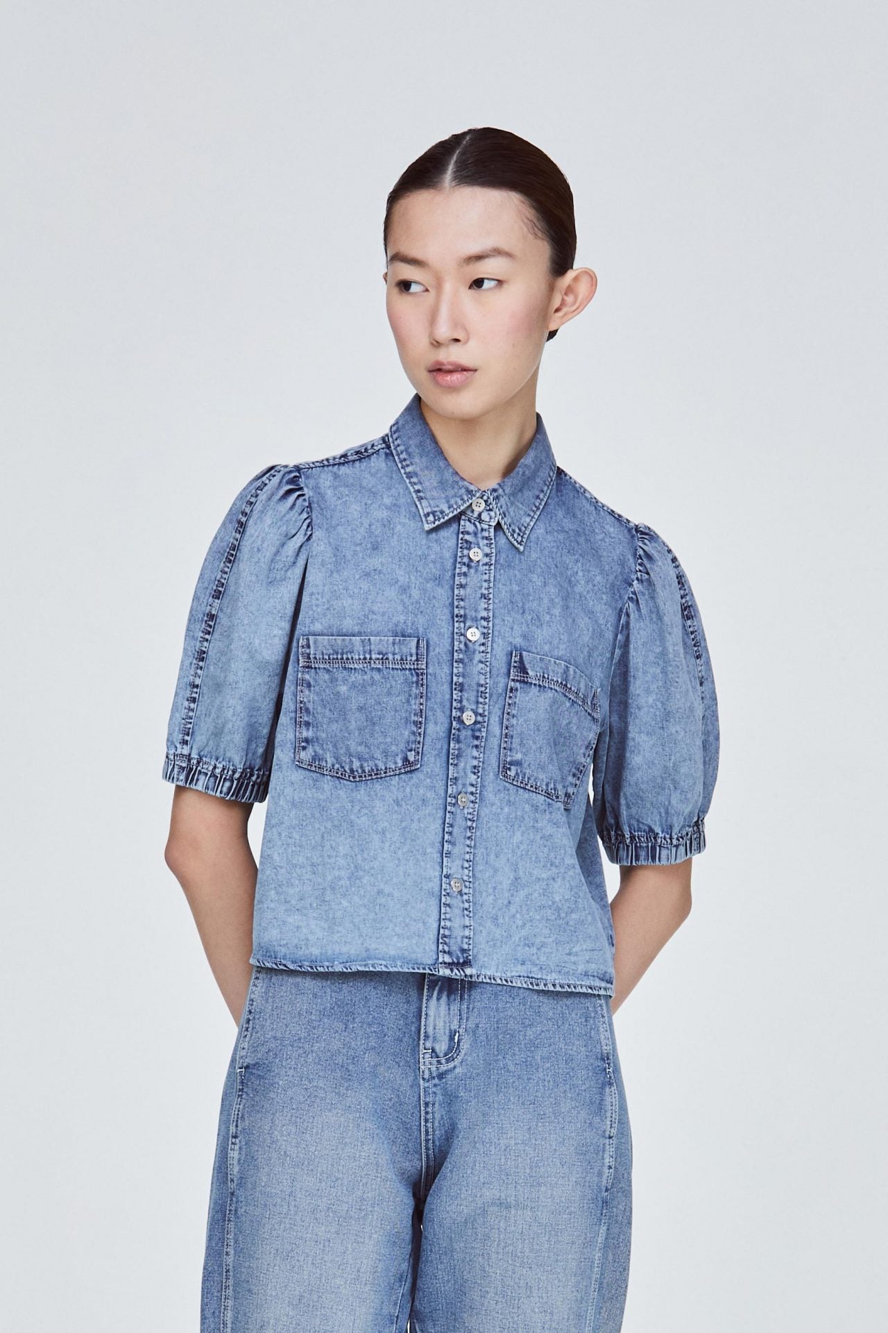 11020 DENIM COLLARED PUFF SLEEVE BLOUSE DENIM BLUE