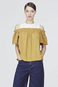 7447 yellow mixed fabric blouse