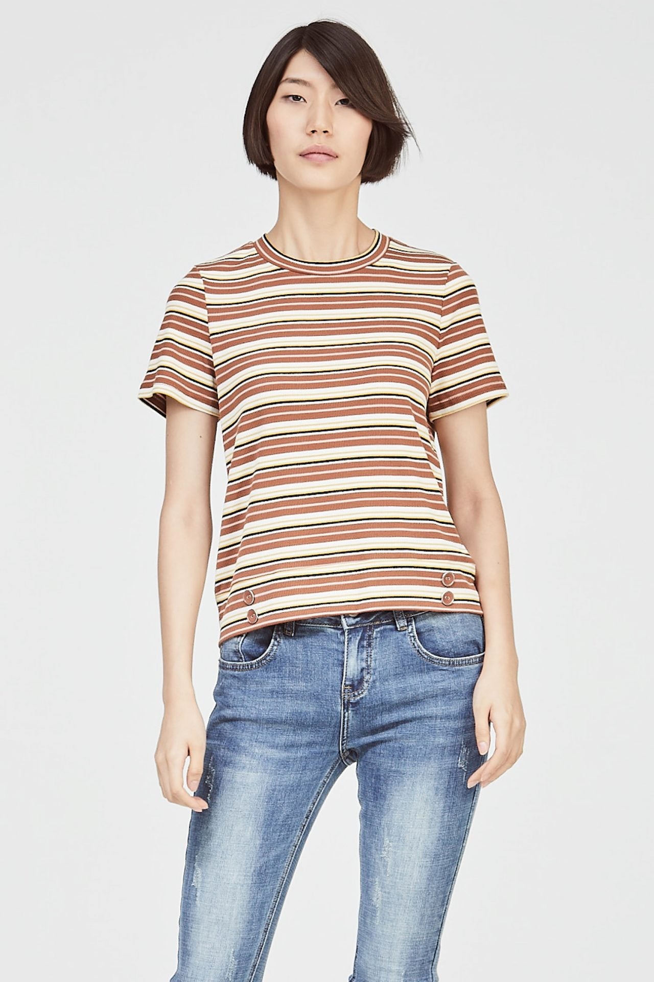 7499 TOFFEE STRIPED BUTTON DETAIL TOP