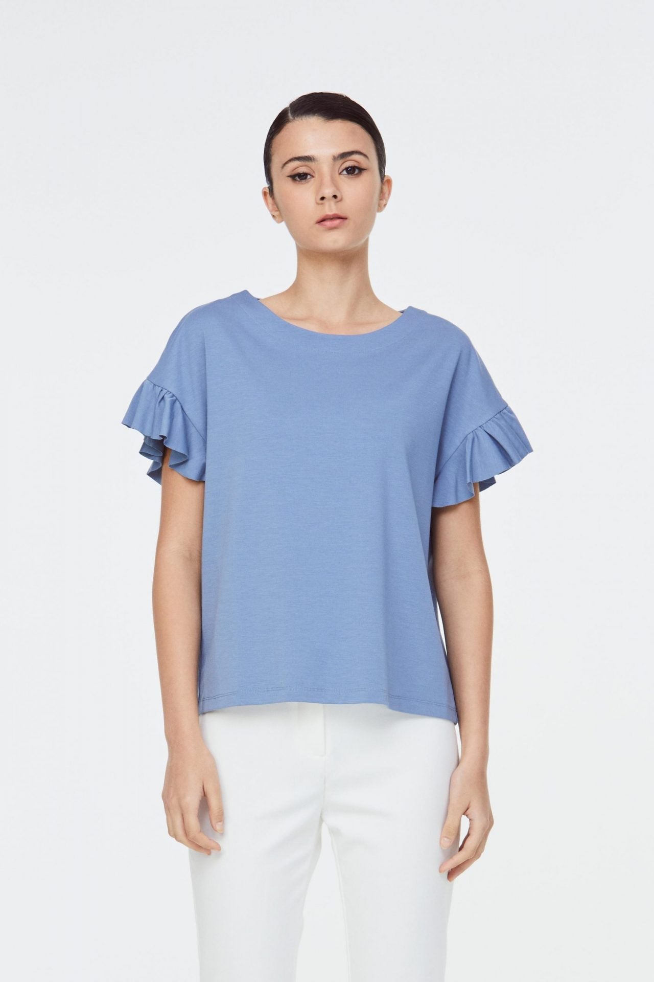 8718 GREY BLUE FRILL SLEEVED TOP