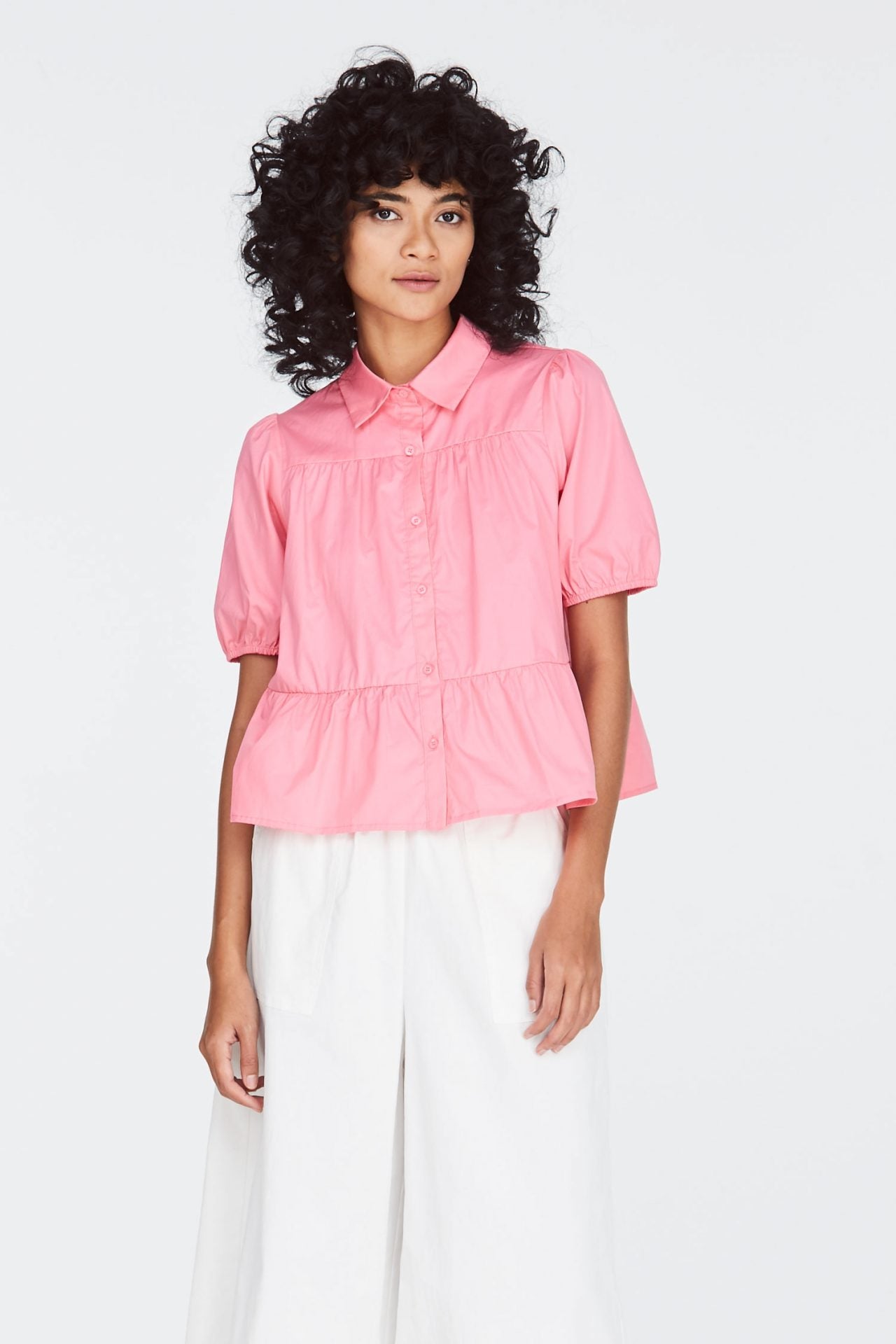 9072 GATHERED TIERS BUTTON UP BLOUSE Hot Pink