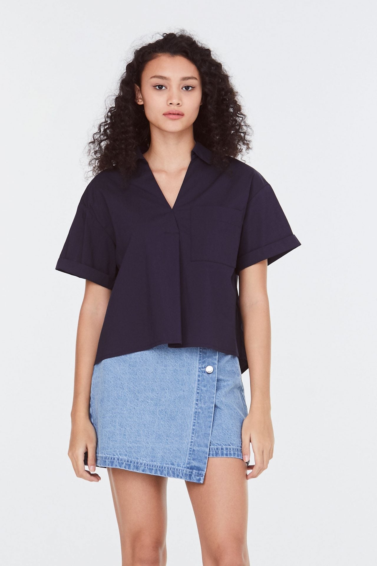 9169 NAVY A-LINE FLARE COLLARED BLOUSE
