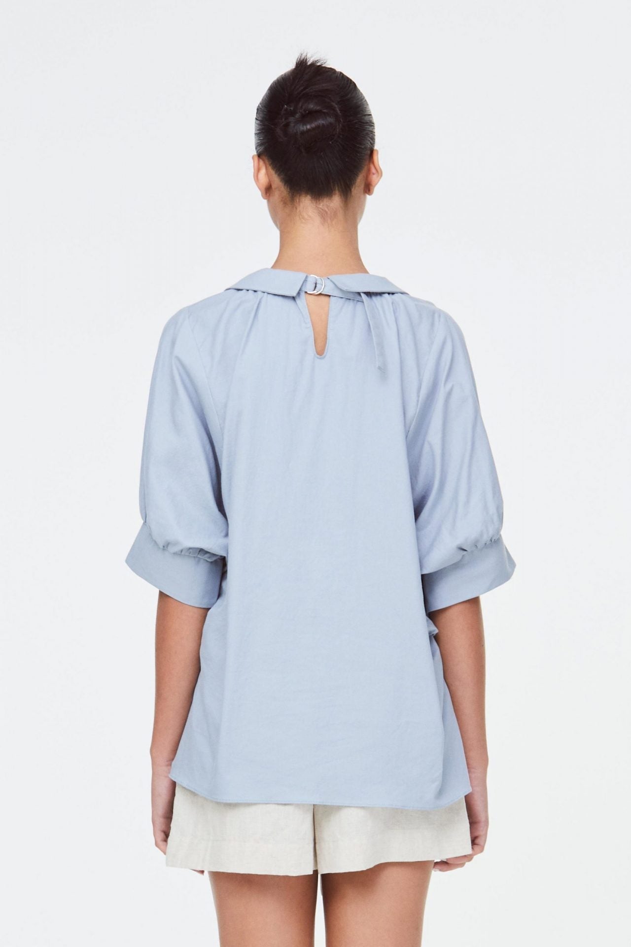 9627 Collared V Neck Top Grey Blue B