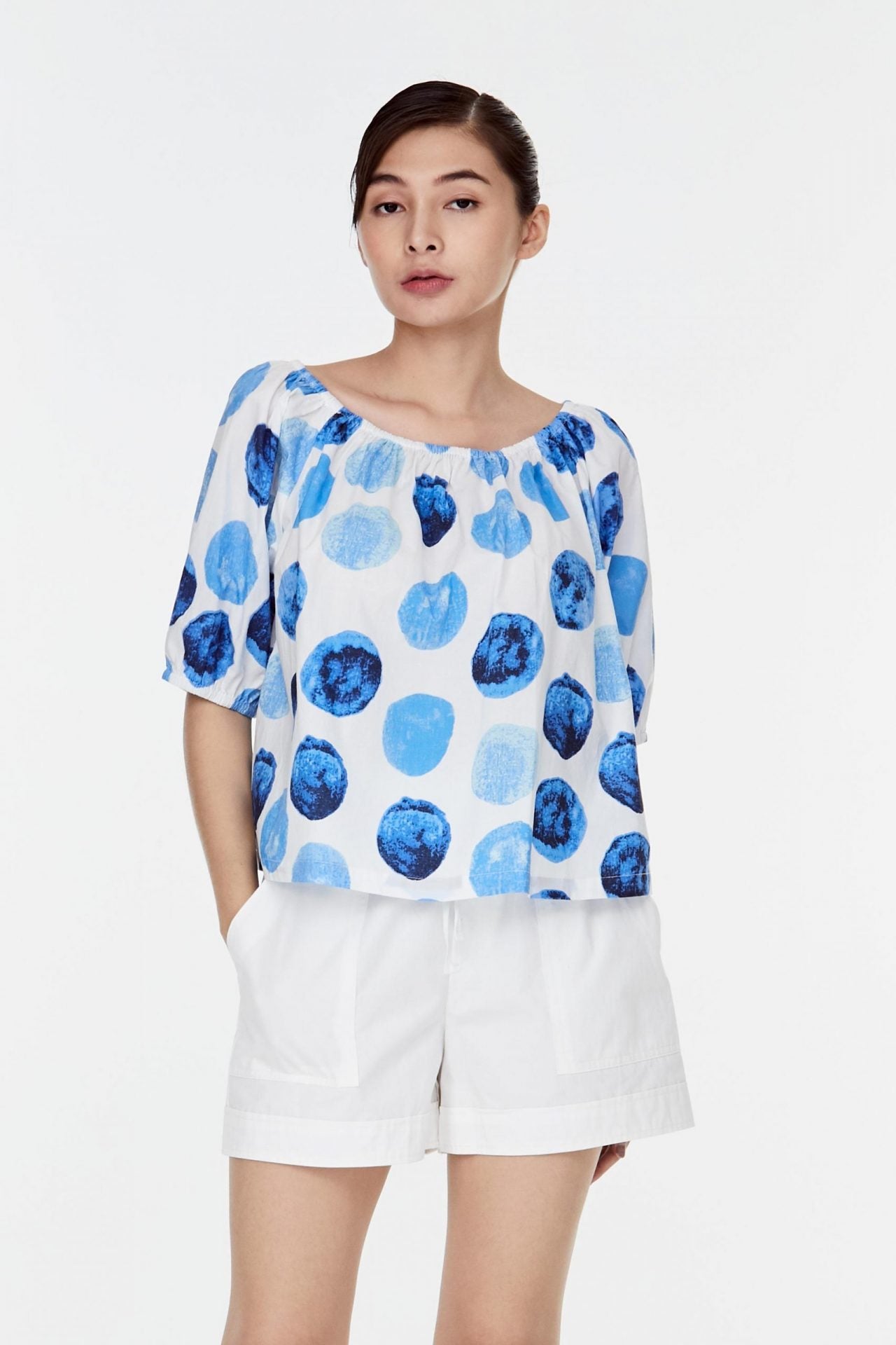 9688 BLUE SPOTS PRINTED WIDE NECK ELASTICATED TOP