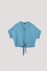 AB 10025 HEM TIED COLLARRED BLOUSE AQUA BLUE