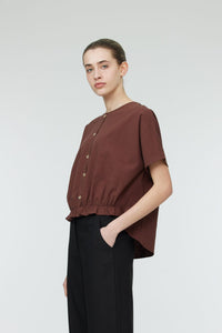 AB 10166 BUTTON FRONT ELASTIC WAIST BAND TOP D.BROWN 2