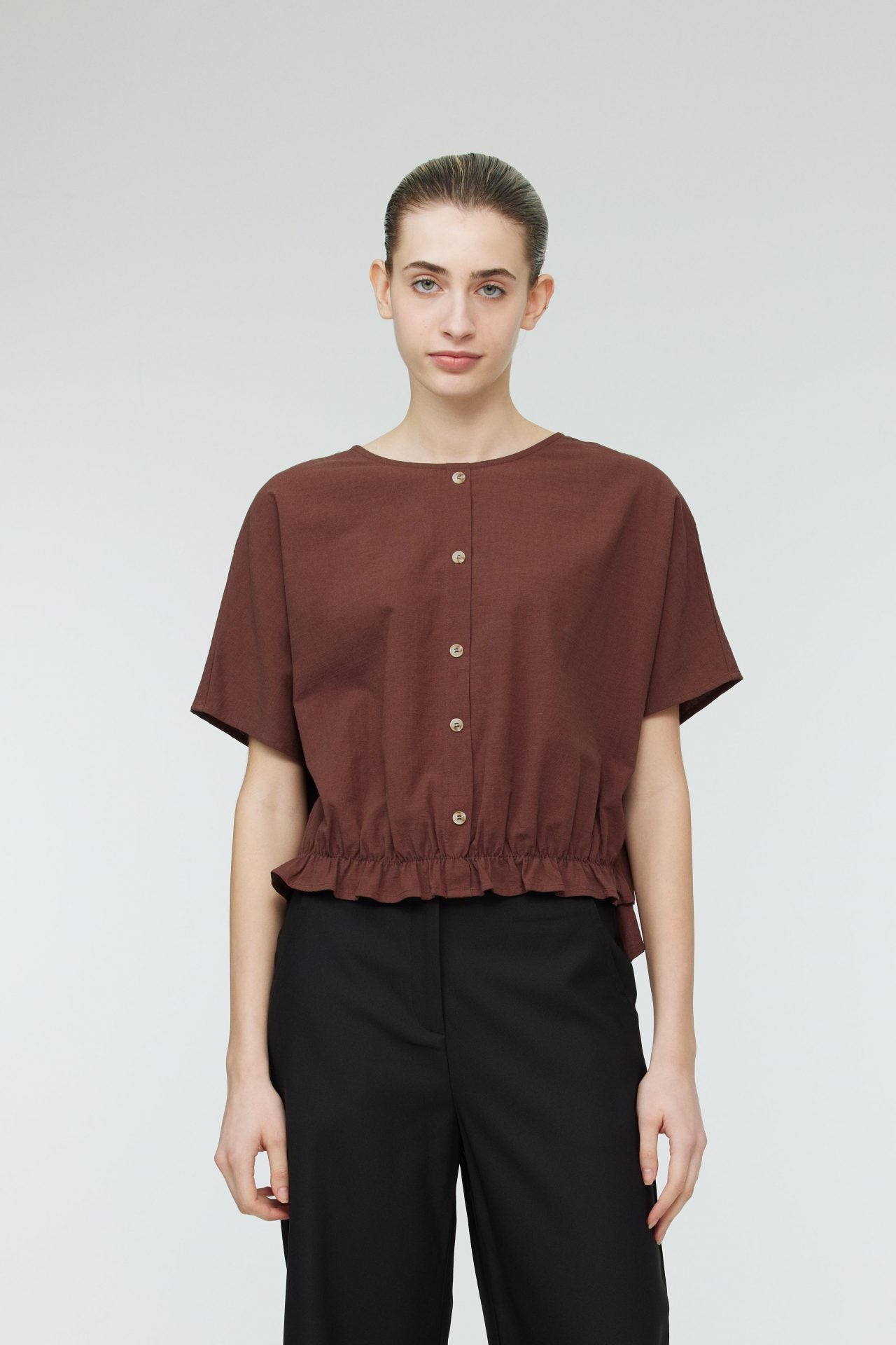 AB 10166 BUTTON FRONT ELASTIC WAIST BAND TOP D.BROWN