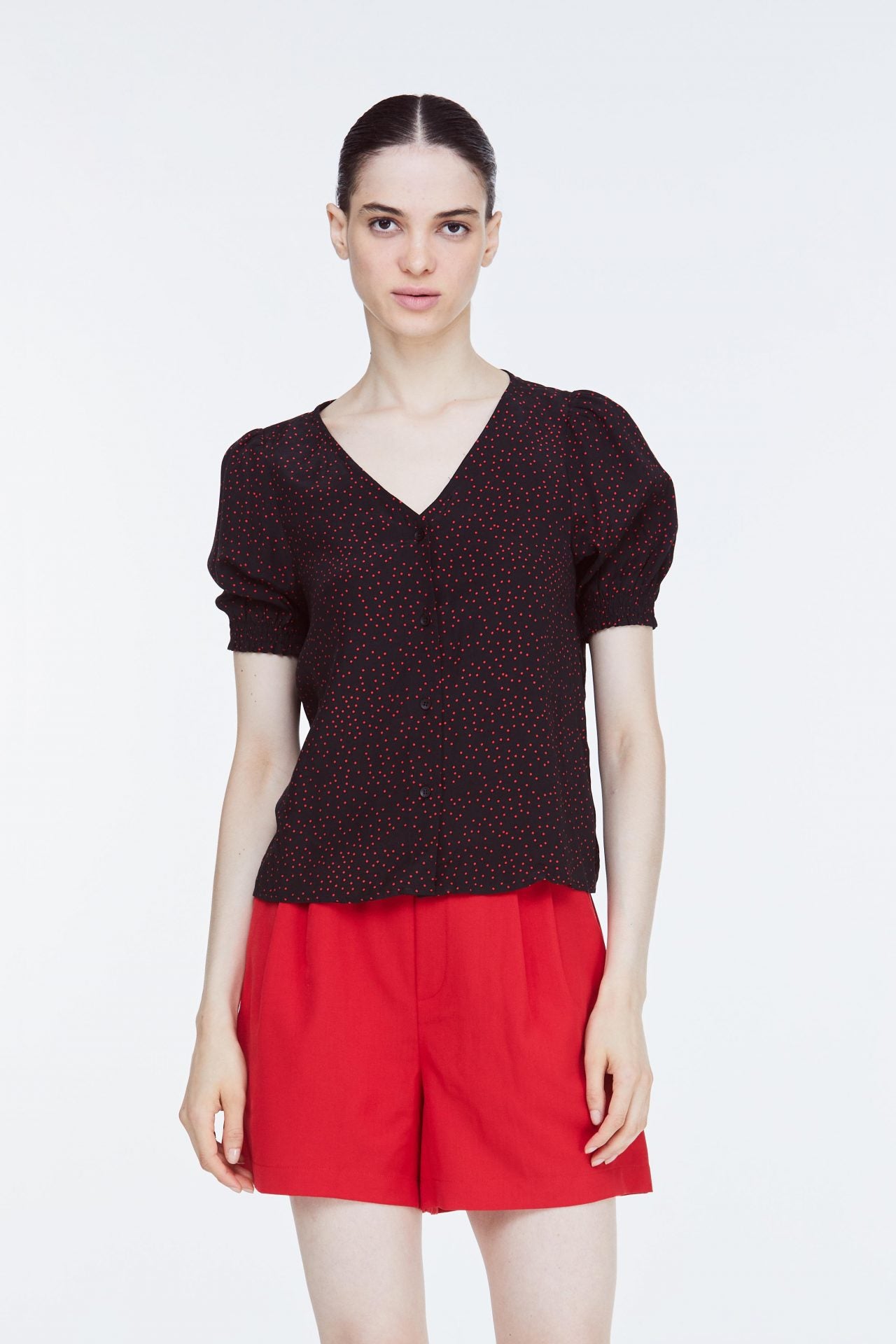 AB 11169 V NECK PUFF SLEEVE TOPS RED DOT