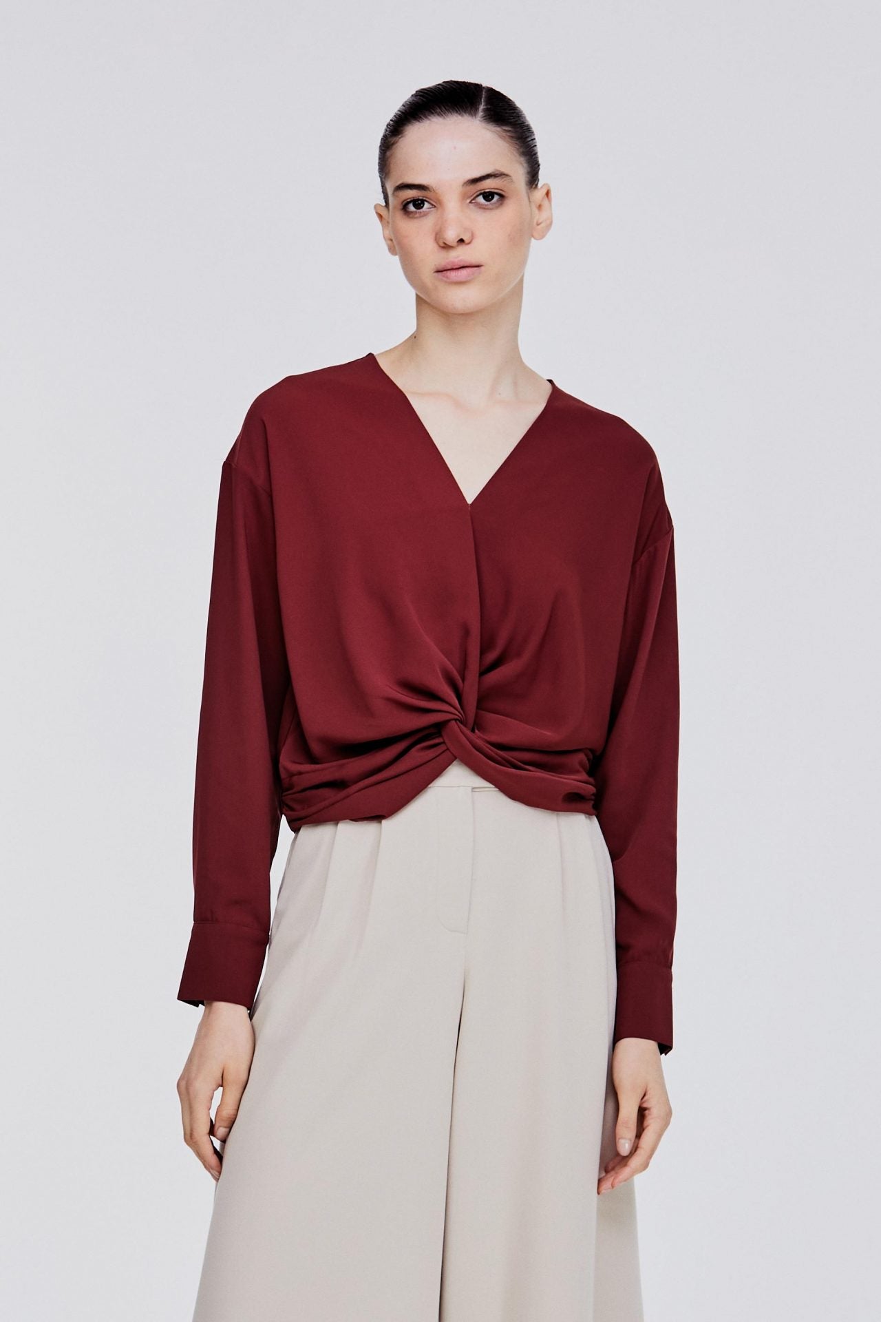 ABL 9848 FRONT DETAILS LONG SLEEVES BLOUSE WINE