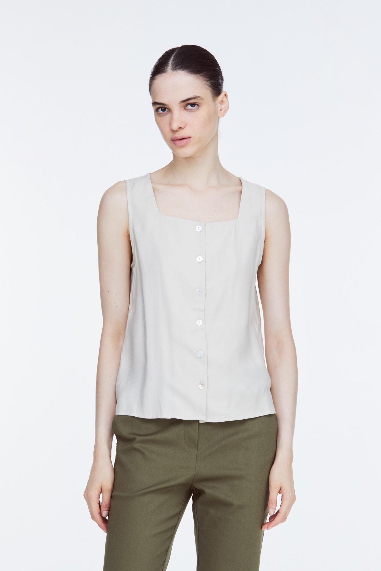 ABV 10941 SQUARE NECK BUTTON TOP BEIGE