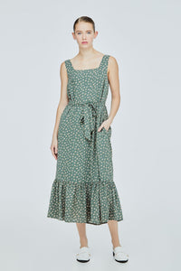 ADQ 11518 PRINTED PEPLUM HEM SUNDRESS HUNTER GREEN