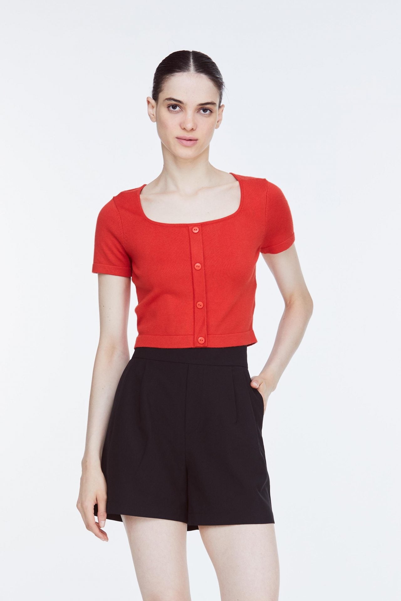 AK 10786 FRONT BUTTON TOP TANGERINE RED