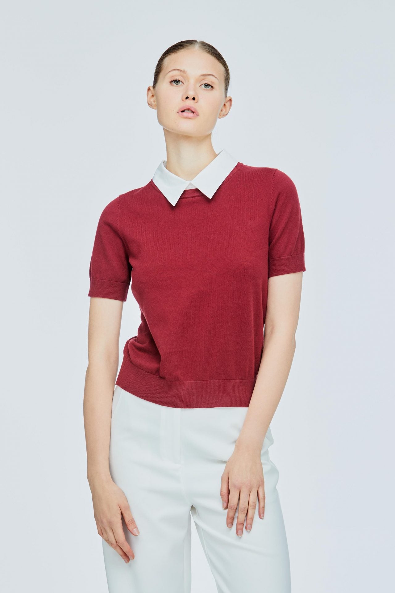 AK 11093 COLLARED KNIT TOP MAROON