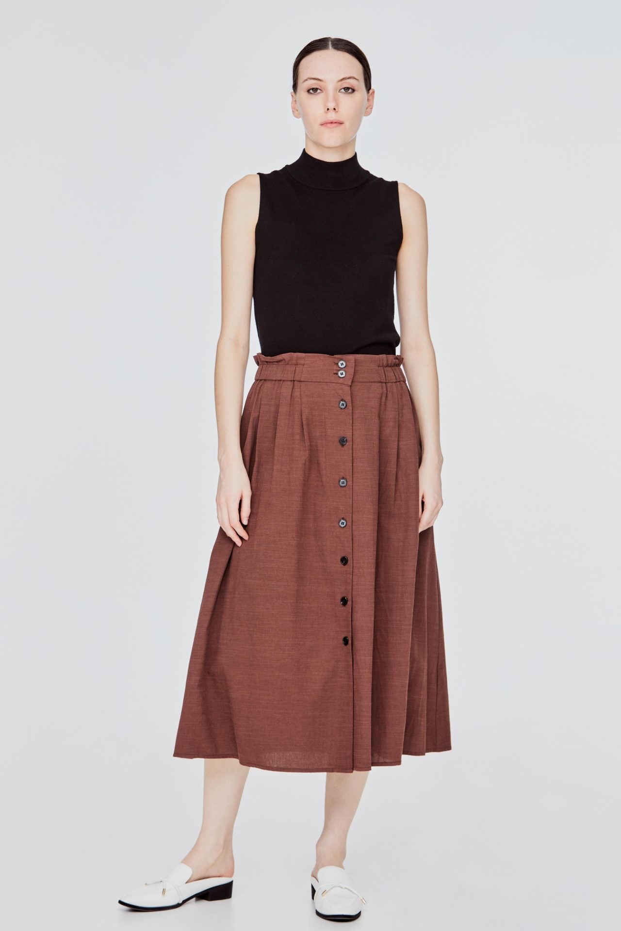 AS 11426 BUTTON UP A-LINE FLARE SKIRT BROWN