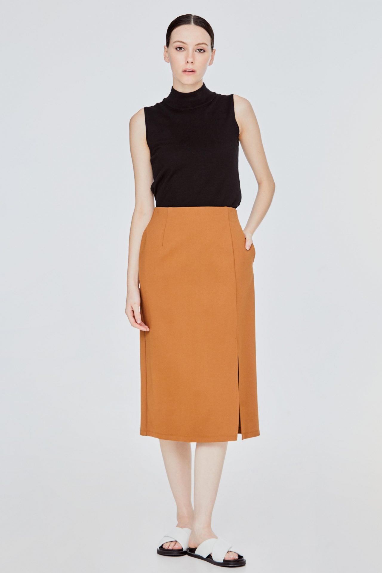 ASK 11637 MIDI PENCIL SKIRT WITH FRONT DARTS CAMEL