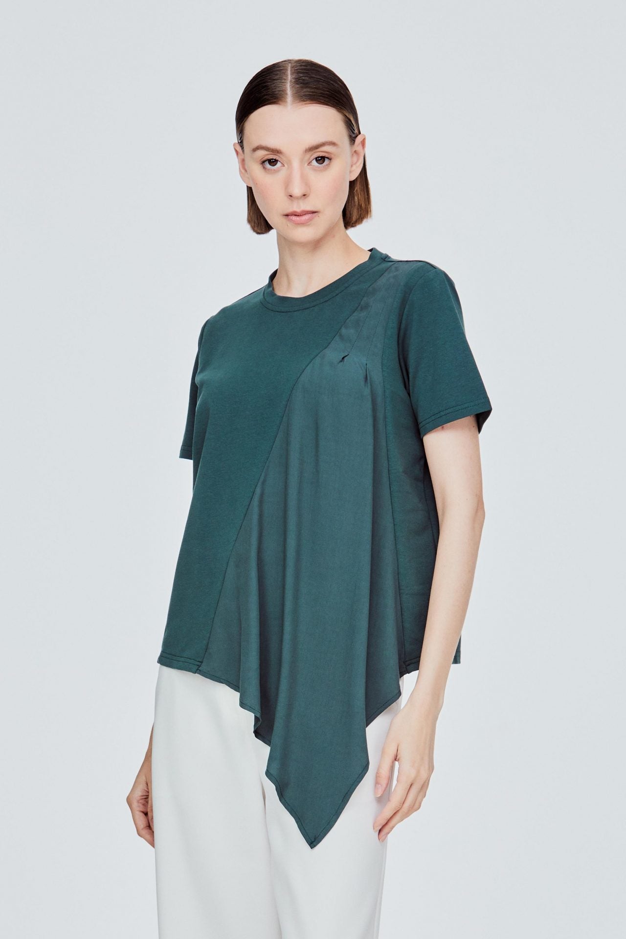 AT 11624 ASYMMETRICAL CONTRAST FABRIC TEE DEEP TEAL