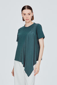 AT 11624 ASYMMETRICAL CONTRAST FABRIC TEE DEEP TEAL