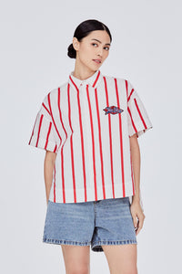 BB 11654 OVERSIZED LOGO STRIPED BUTTON DOWN TOP RED STRIPES