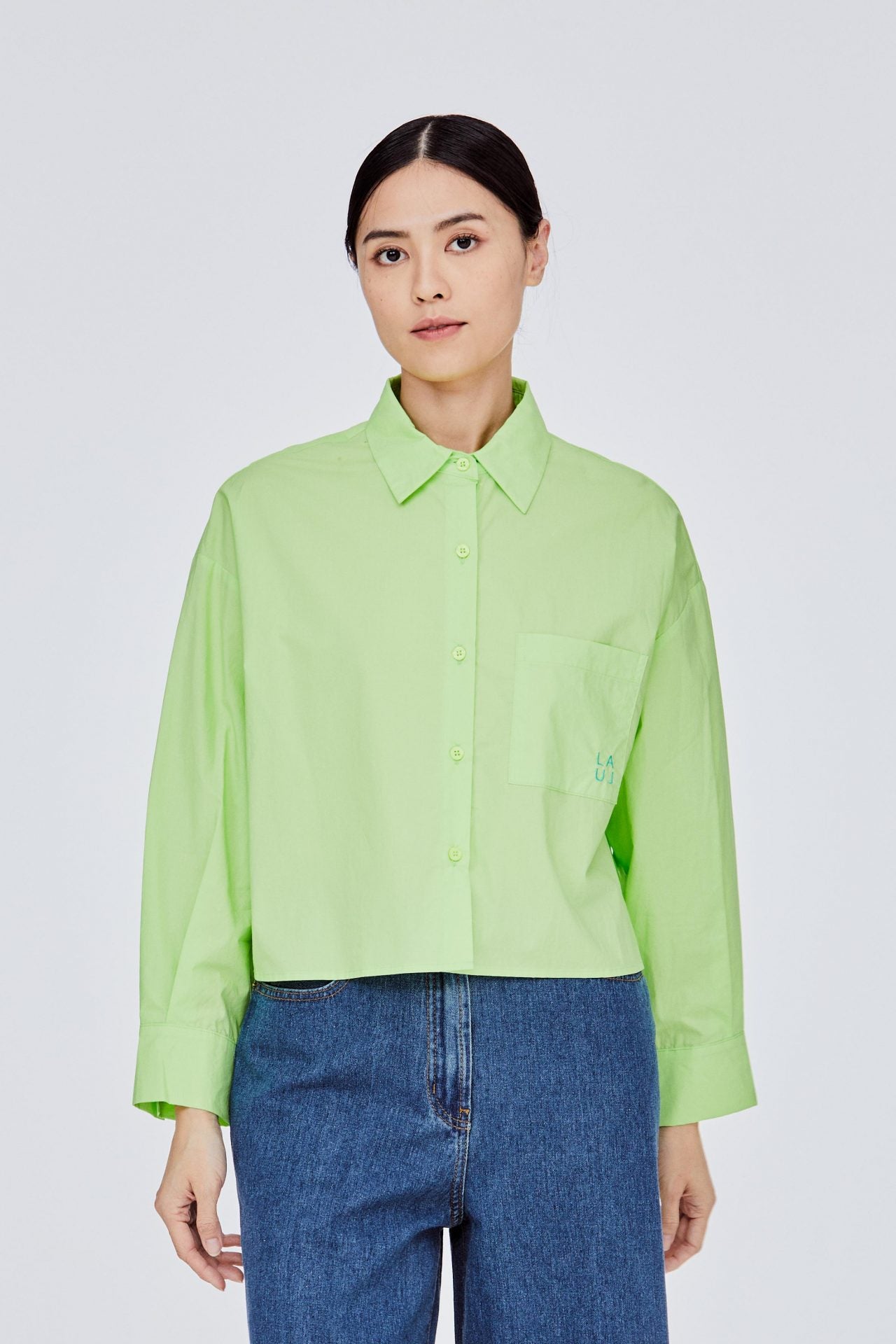 BBL 11612 EMBROIDERED LOGO BUTTON DOWN CROP TOP NEON GREEN