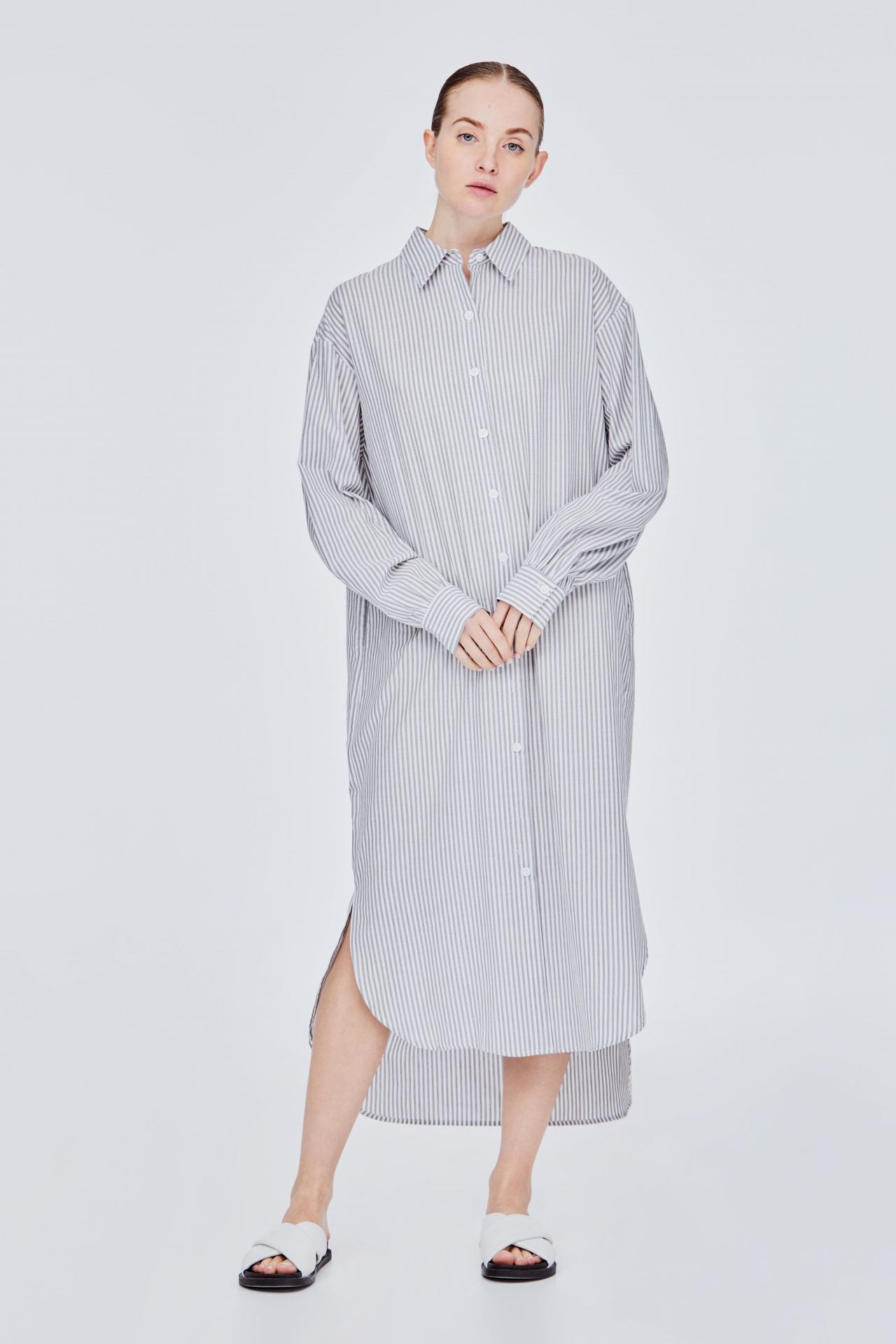 BD 11743 RELAXED BLOUSE DRESS GREY STRIPES