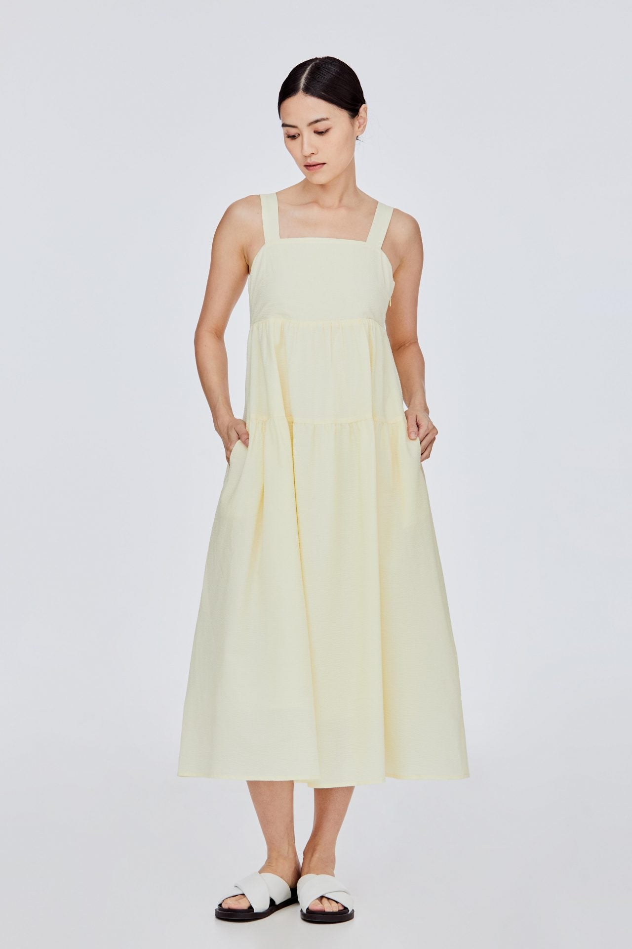 BDQ 11452 TIERED WIDE SQUARE NECK MIDI DRESS PALE YELLOW